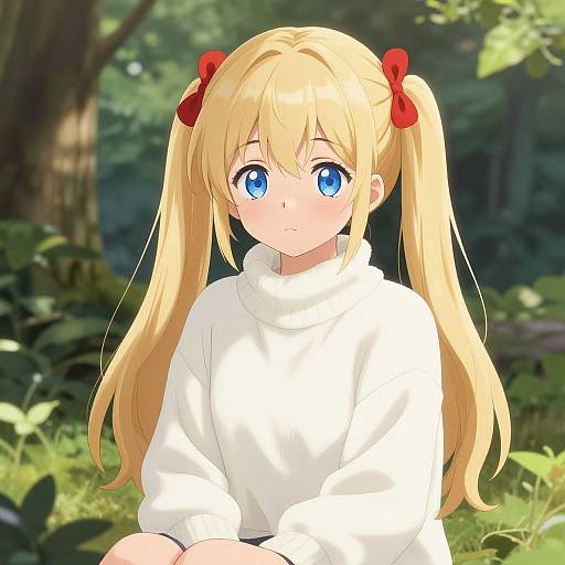 Anime-style drawing of a blonde girl with blue eyes, red bows in her long hair, wearing a white turtleneck, sitting in a sunny forest