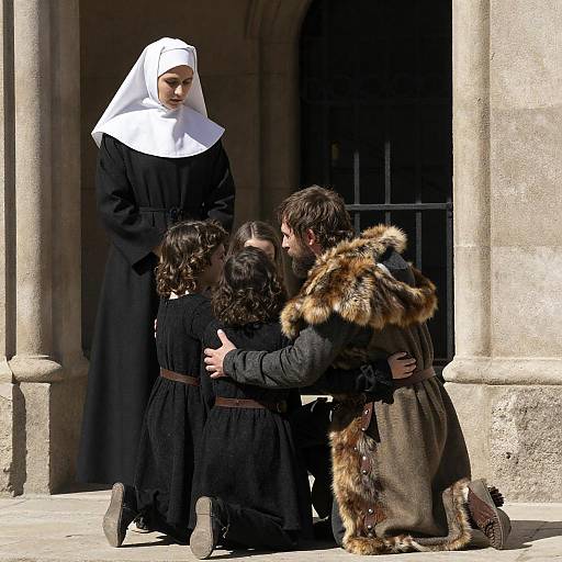 Sunlit Cloister: Father Embraces Three Children