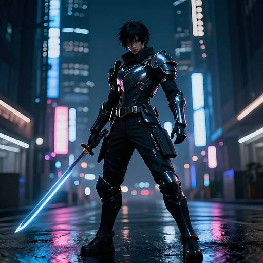 Digital art of a dark-haired, armored warrior holding a glowing blue sword in a neon-lit, futuristic city street at night.