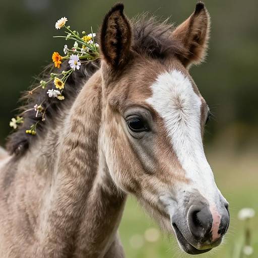 Photograph of a brown foal with a white stripe down its face, adorned with small yellow and white wildflowers in its dark mane, set against