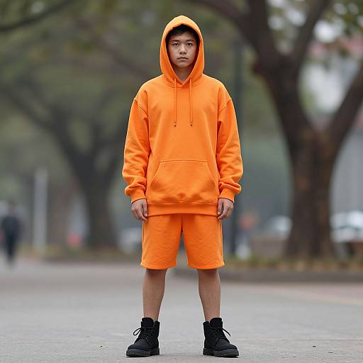 Photograph of an East Asian man in bright orange hoodie and shorts, black boots, standing on a tree-lined street, hood up, serious expression.