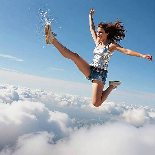 Energetic Woman Floating Above Clouds