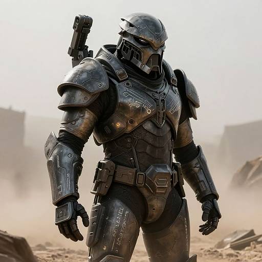 Photorealistic CGI of a heavily armored, futuristic warrior with a helmet, shoulder-mounted gun, and dark, textured armor in a dusty, ruined landscape