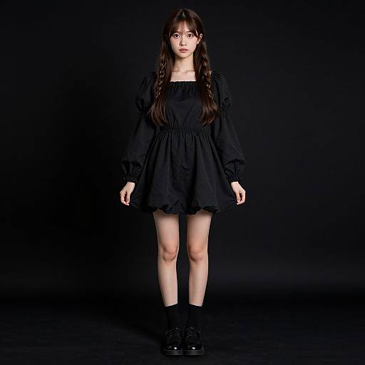Photograph of an East Asian woman with long black hair, wearing a black long-sleeve dress, black socks, and black shoes, standing against