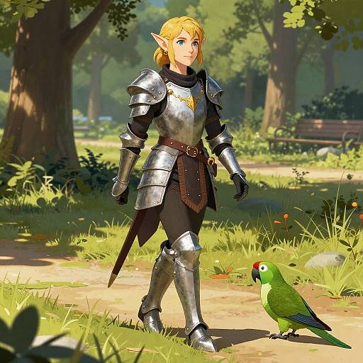 Digital art of a blonde, elven knight in shiny silver armor standing on a forest path, with a green parrot beside him. Sunlight filters