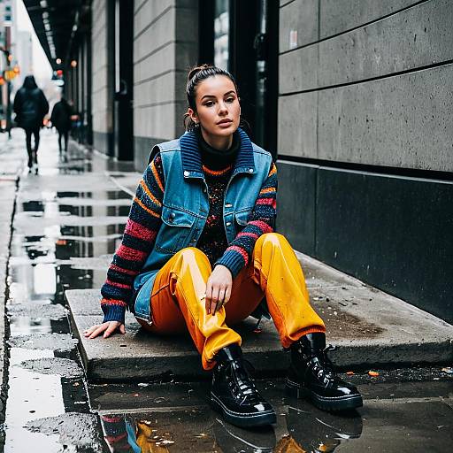 Streetwear Woman Sitting on Rainy Sidewalk