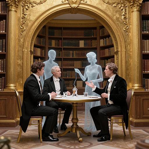 Photograph of three men in black tuxedos seated at a round table, discussing with two translucent, ghostly figures in a luxurious, book