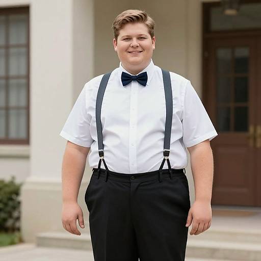 Photograph of a young, smiling, chubby white boy with brown hair, wearing a white shirt, black bow tie, black suspenders, and black