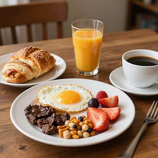 Photograph of a breakfast table with scrambled egg, bacon, nuts, strawberries, a croissant, glass of orange juice, and black coffee.