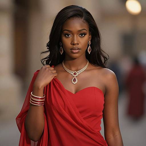 Photograph of a beautiful Black woman with long black hair, wearing a red strapless sari, gold jewelry, and multiple bracelets, standing confidently on