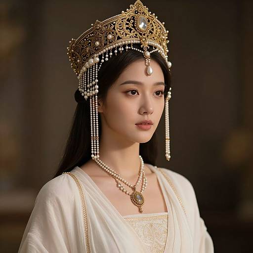 Photorealistic digital portrait of an Asian woman with fair skin, wearing an ornate gold crown with pearls, white embroidered dress, and pearl necklace,