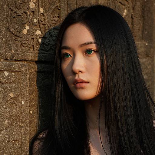Photograph of an East Asian woman with long, straight black hair, green eyes, and fair skin, standing against a detailed, ancient stone wall.