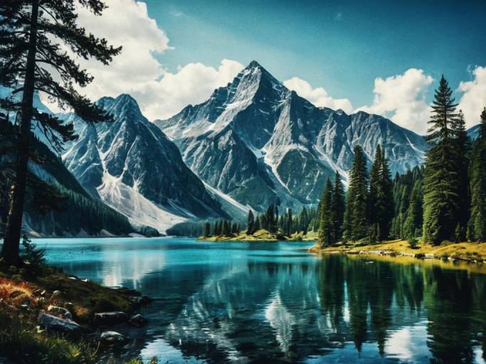 Mountain Lake with Pine Trees