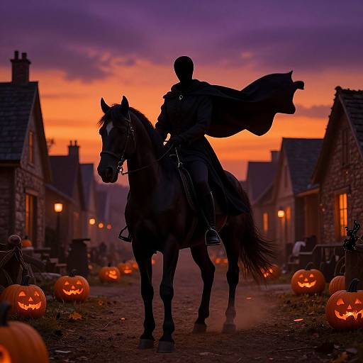 Silhouetted knight on horseback with flowing cape, surrounded by glowing pumpkins, at dusk in a Halloween village with orange sky.