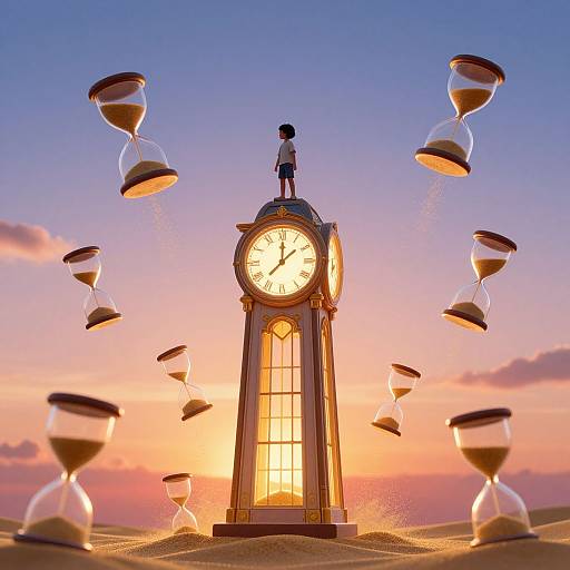 Photograph of a glowing clock tower in the desert at sunset, with floating hourglasses against a purple and orange sky.