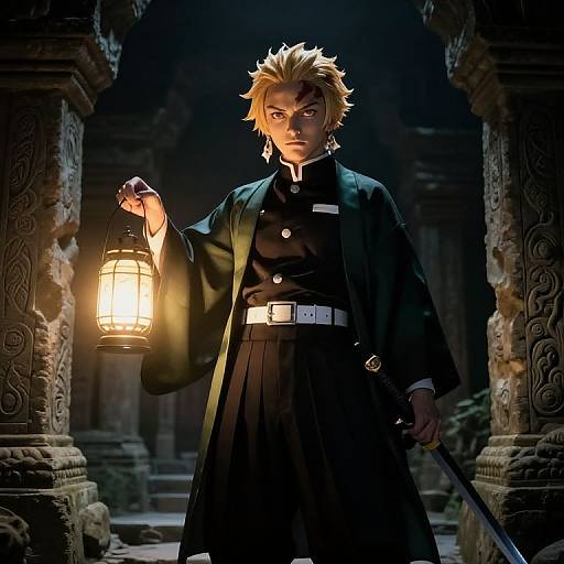 Digital anime artwork of a blonde, spiky-haired male ninja in dark uniform, holding lantern, sword in hand, standing between ancient stone pillars at night