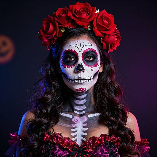 Photograph of a woman with Day of the Dead face paint, white skeleton makeup, red flowers in hair, and red lace dress, against a dark