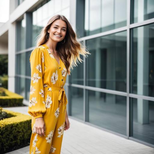 Young Woman in Yellow Floral Jumpsuit Outdoors