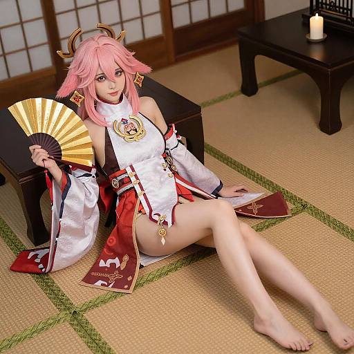 Pink-Haired Anime Woman in Kimono