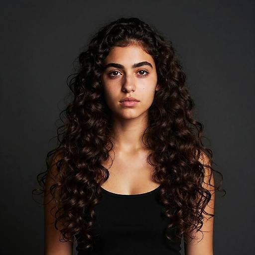 Photograph of a young woman with long, curly dark hair, olive skin, and dark eyebrows, wearing a black tank top, against a dark background