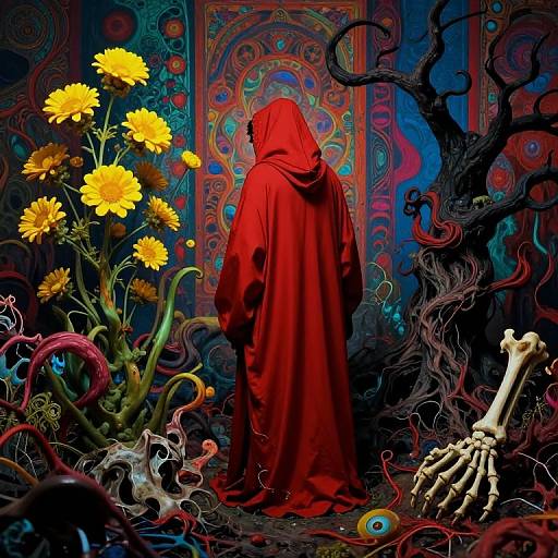 Photograph-style digital art: Red-robed figure with hood stands facing ornate, colorful background, surrounded by vibrant yellow flowers, twisted black branches,