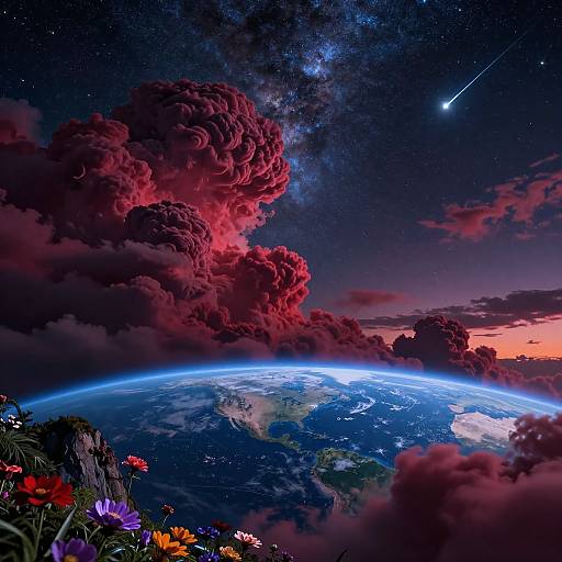 Digital artwork of a vibrant, cosmic landscape with red, swirling clouds, a glowing blue Earth, colorful flowers, a shooting star, and the Milky Way