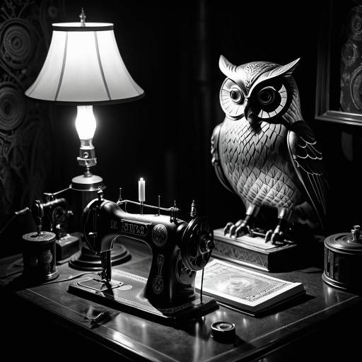 Vintage Sewing Machine with Owl Sculpture and Lamp