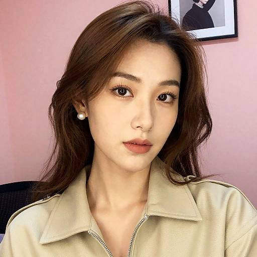 Young Woman with Pearl Earrings and Beige Jacket