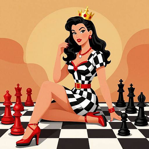 Digital illustration of a queen with black hair, red crown, checkered dress, red heels, sitting on a chessboard with red and black pieces.