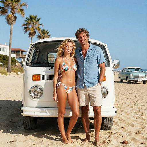 Photograph of a smiling blonde woman in a floral bikini and a curly-haired man in a blue shirt and khaki shorts, standing in front of a