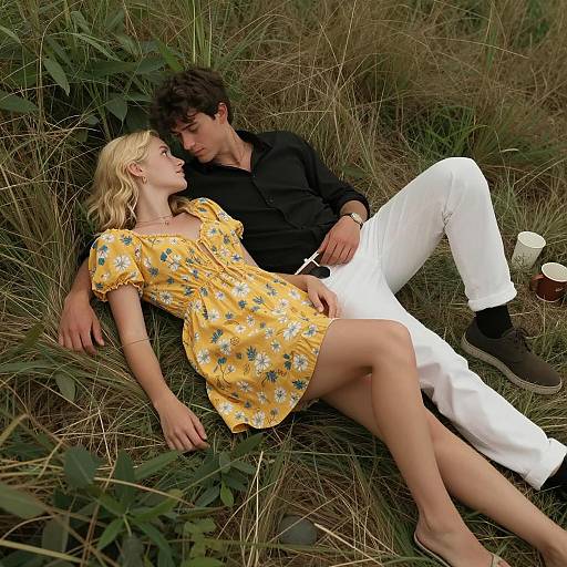 Young Couple Relaxing on Sunlit Grass