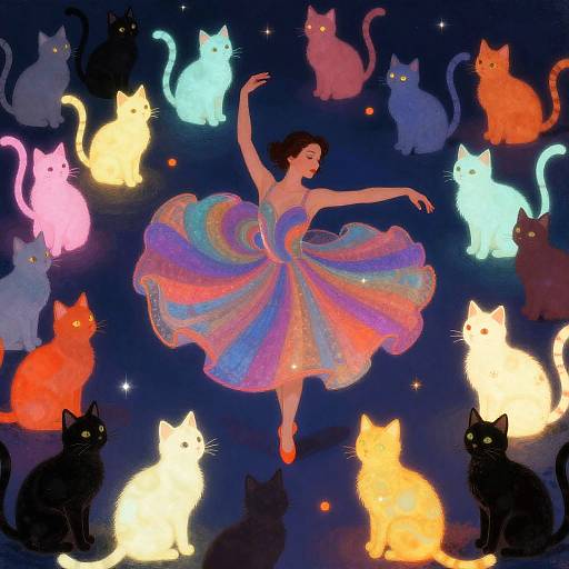Psychedelic Dancer with Glowing Cats