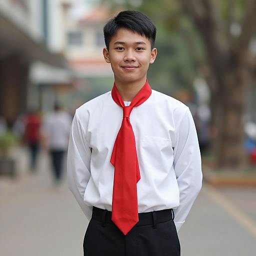 Photograph of a young Asian boy with short black hair, smiling, wearing a white shirt, black pants, and a bright red tie, standing on