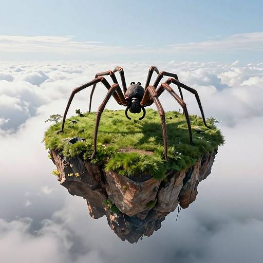 Photorealistic CGI of a giant spider with long legs and a black body standing on a grassy floating cliff above a sea of clouds.