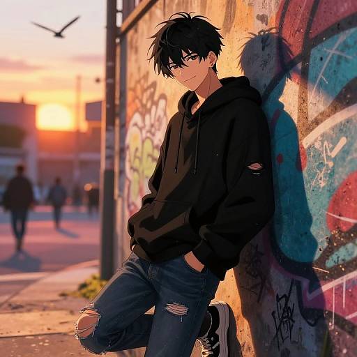 Anime-style digital drawing of a black-haired, brown-eyed boy in a black hoodie and ripped jeans leaning against a graffiti-covered wall at sunset, with blurred