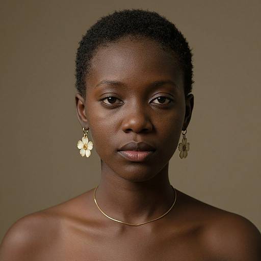 Photograph of a serious, dark-skinned Black woman with short curly hair, wearing gold flower earrings and a thin gold necklace, against a plain beige