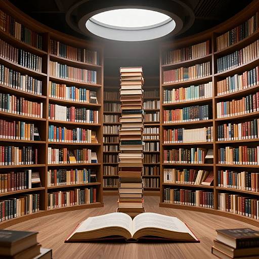 Photograph of a circular library with wooden shelves filled with colorful books, illuminated by a circular skylight. Stacked books rise from an open book