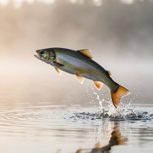 Photograph of a silver fish with orange fins leaping out of the water, creating splashes, against a blurred, sunlit background.