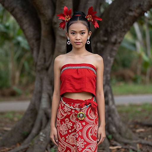 Photograph of a young Asian woman with dark hair, wearing a red strapless top and patterned red skirt, adorned with red flower hairpieces,