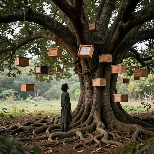 Photograph of a person in a dark green coat standing under a large tree with numerous wooden, hanging cubes suspended from its branches, surrounded by lush green