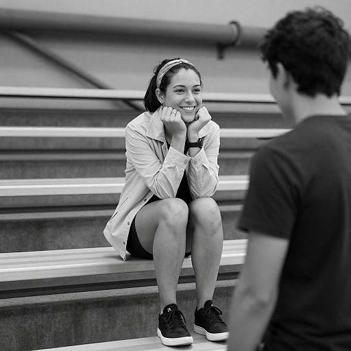 Woman on Bleachers in Industrial Setting
