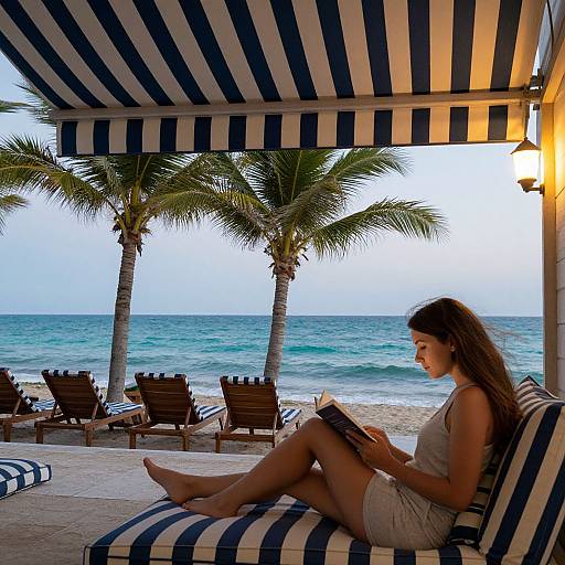 Photograph of a woman with long brown hair in a white dress, reading on a blue and white striped beach lounge chair, under a striped umbrella,