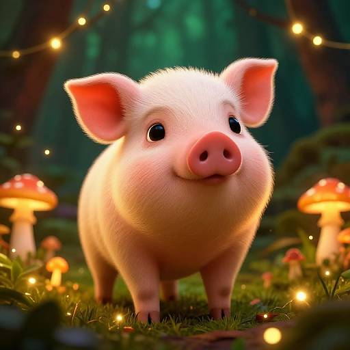 Digital artwork of a cute, fluffy pink piglet with large ears and a pink snout, standing in a magical forest with glowing mushrooms and fairy lights