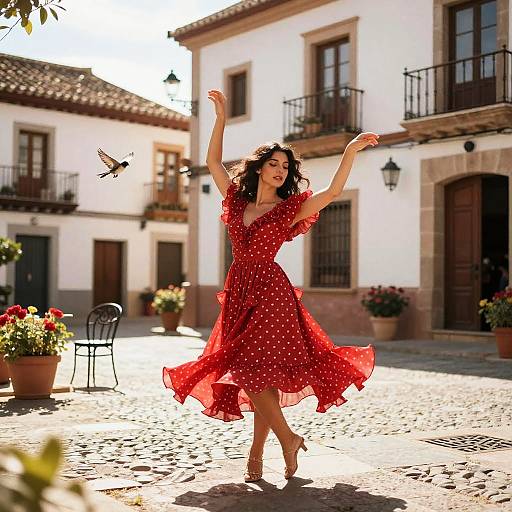 Photograph of a joyful woman with curly hair, wearing a red polka dot dress, dancing in a sunlit cobblestone courtyard with white buildings