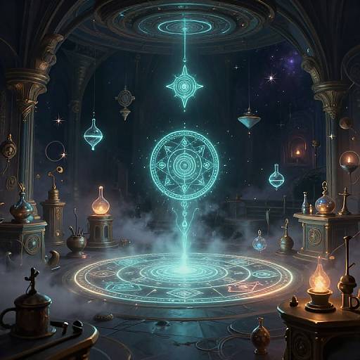 Digital art: A mystical, dark chamber with glowing blue magical circles and orbs, surrounded by ancient, ornate shelves and lit lanterns.