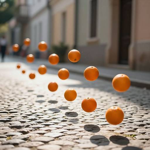 Surreal Floating Oranges on Cobblestone
