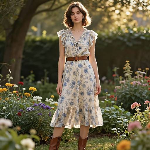 Photograph of a young woman with shoulder-length brown hair, wearing a floral dress with brown belt and brown boots, standing in a sunlit, colorful