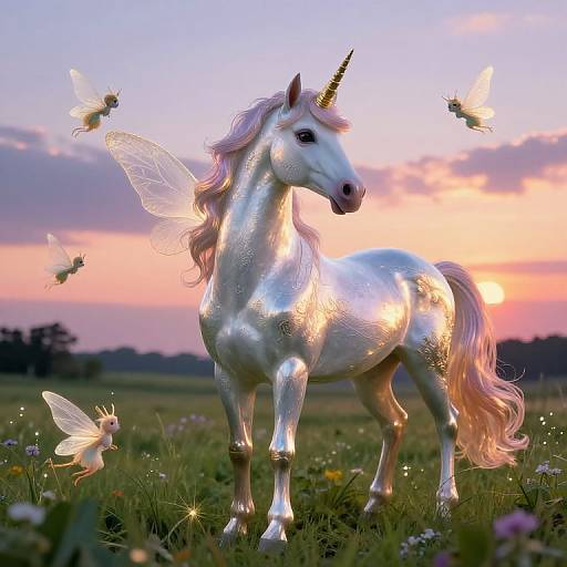 Digital artwork of a shimmering white unicorn with a pink mane, standing in a field at sunset, surrounded by glowing butterflies.