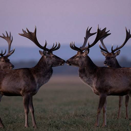 Photograph of two majestic deer with large antlers facing each other, nose-to-nose, in a misty, twilight field with blurred background.