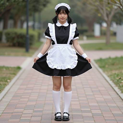 Photograph of an Asian woman in a black and white French maid outfit, standing on a brick path in a park.